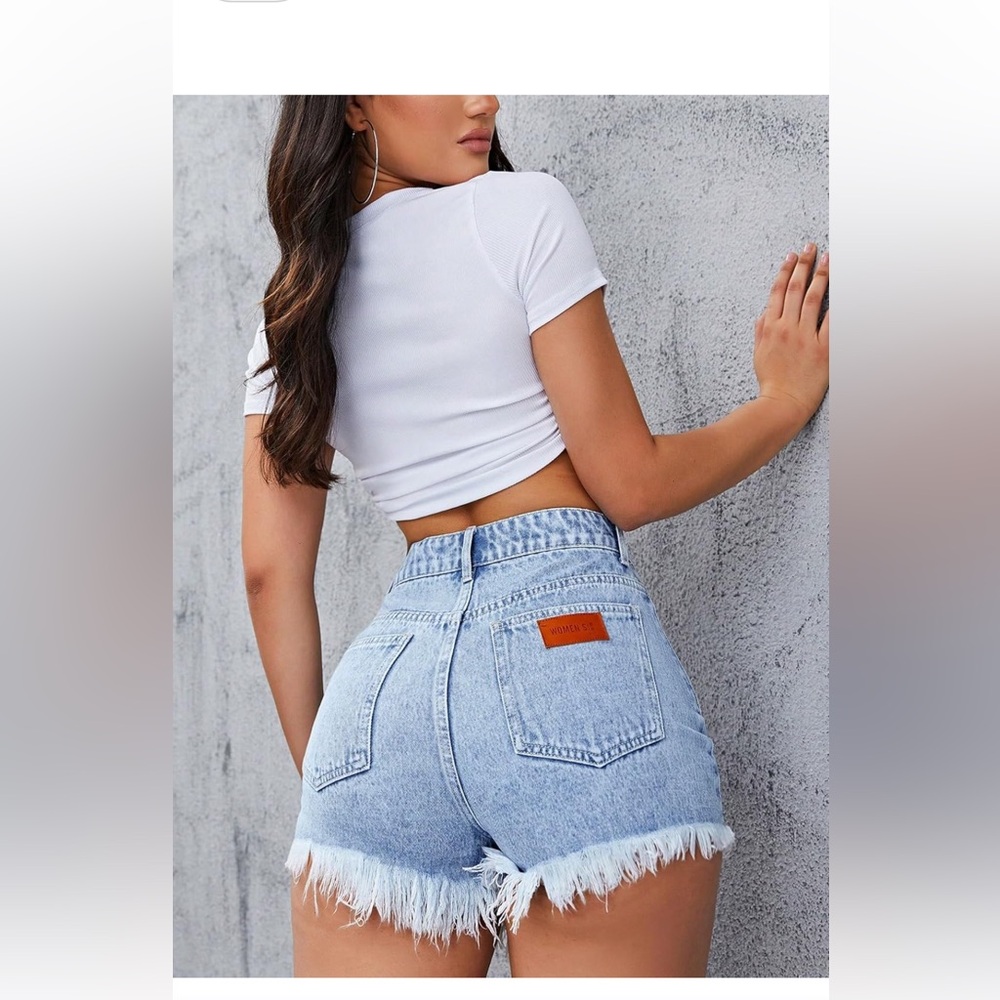 Jean Shorts Womens Letter Patched Distressed Detail Raw Hem Denim Shorts